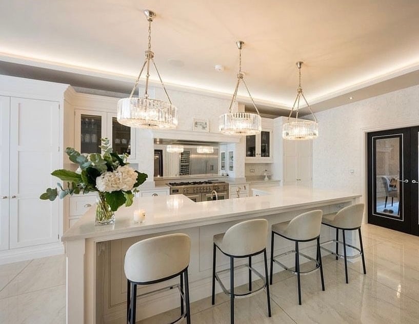 17. Classic White Luxury Kitchen with Crystal Chandeliers - modern kitchen ideas