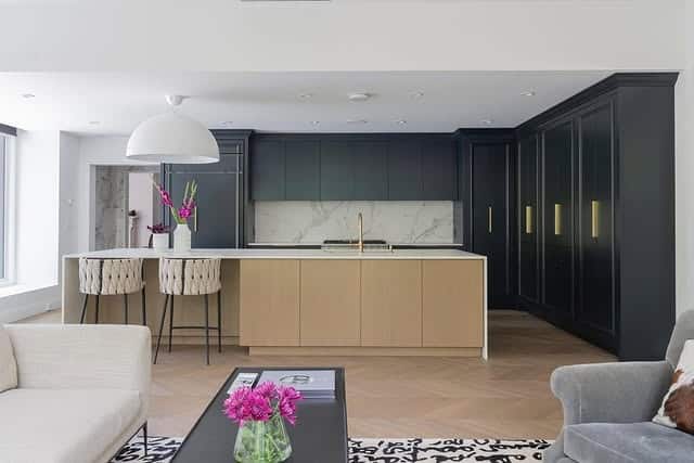 20. Modern Black and Wood Kitchen with Marble Backsplash - modern kitchen ideas