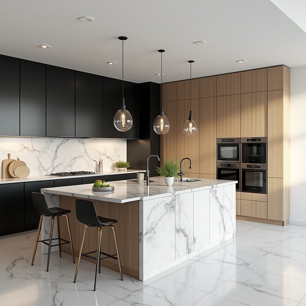 22. Black and Oak Modern Kitchen with Marble Waterfall Island - modern kitchen ideas