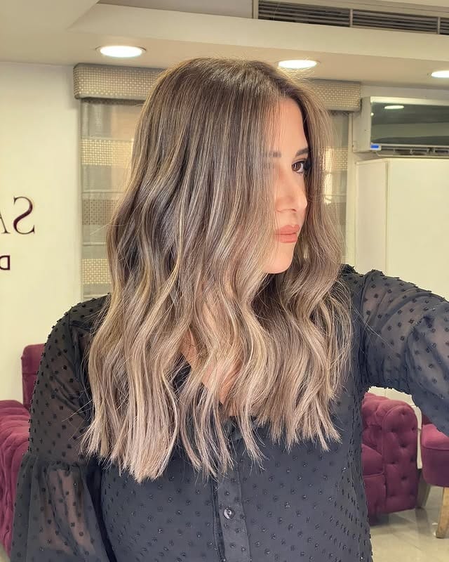 9. Smoky Beige Brown Lob Waves - Blonde Brown Hair Color