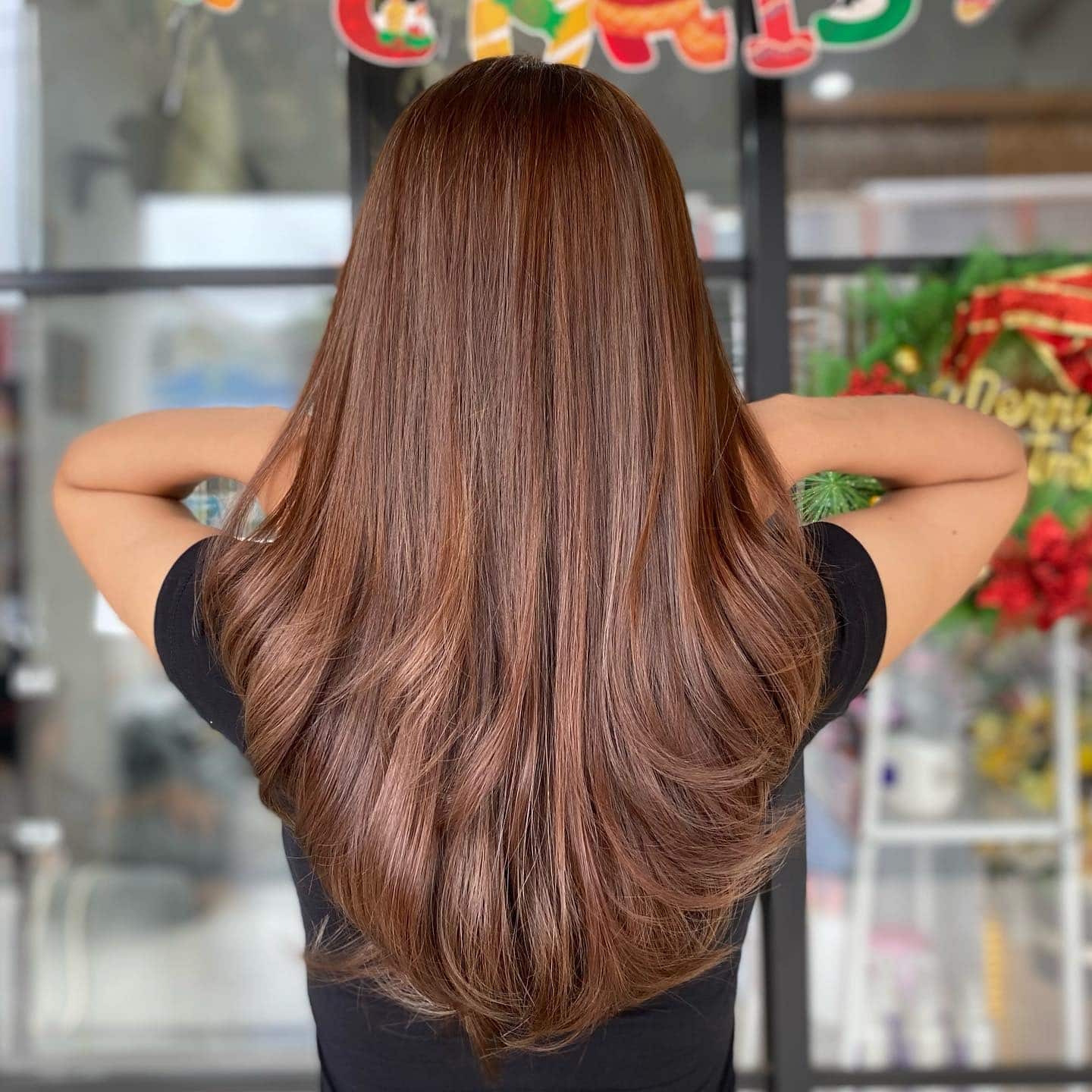 16. Cinnamon Brown Long Layered Waves - Blonde Brown Hair Color