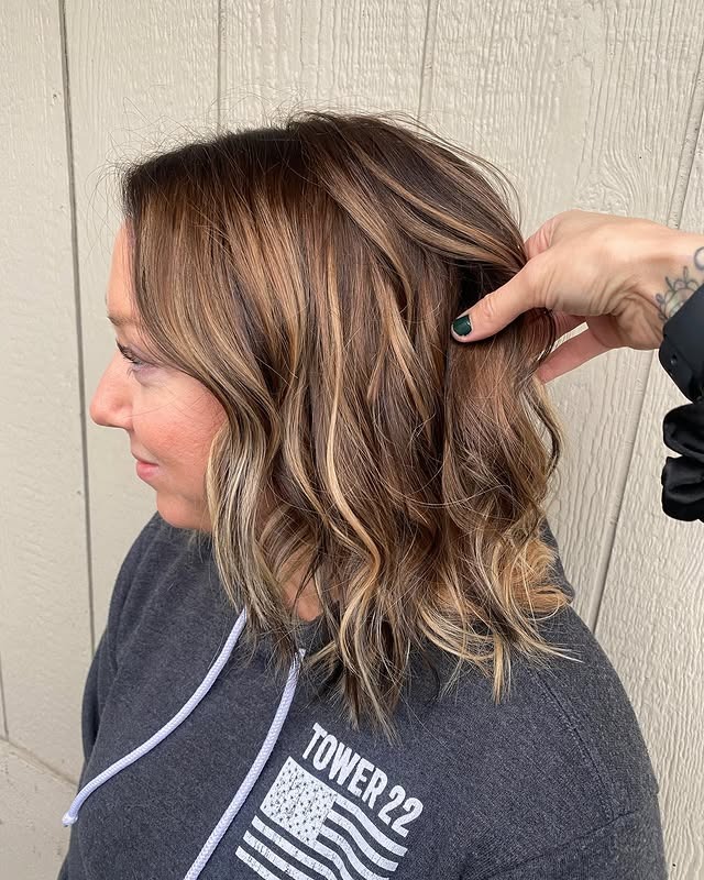20. Beige Brown Dimensional Lob Waves - Blonde Brown Hair Color