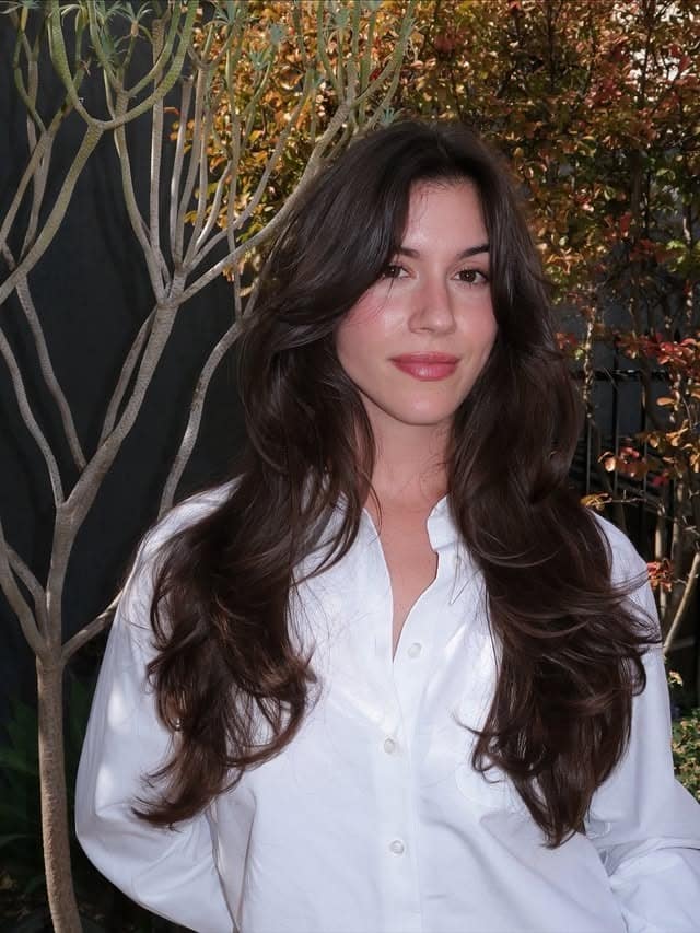 2. Face-Framing Medium Layers with Deep Chocolate Bangs - Medium Haircuts With Bangs