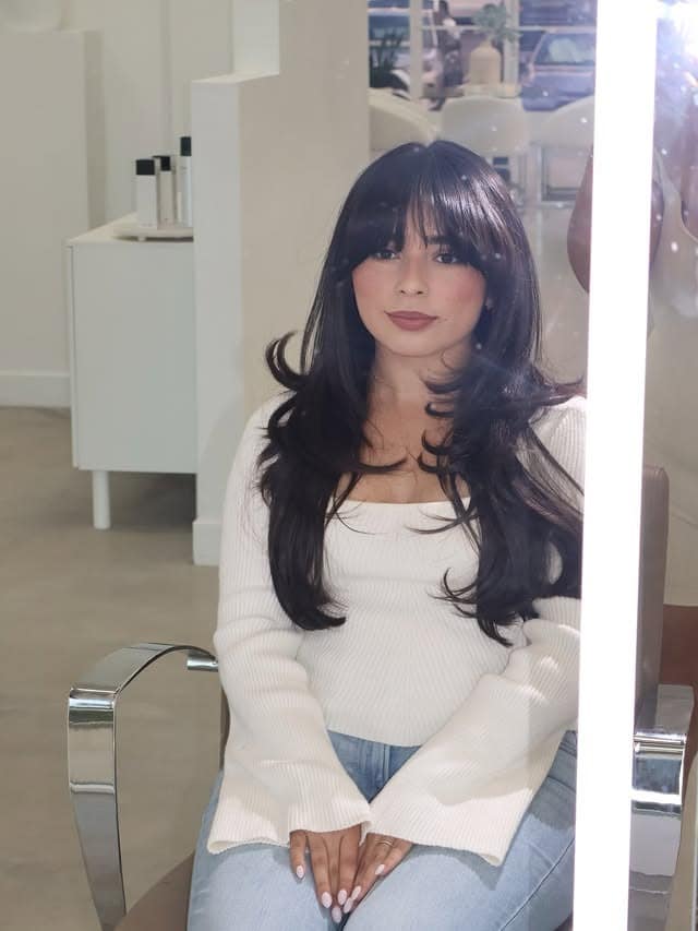 15. Soft Medium Layers with Deep Espresso Full Bangs - Medium Haircuts With Bangs