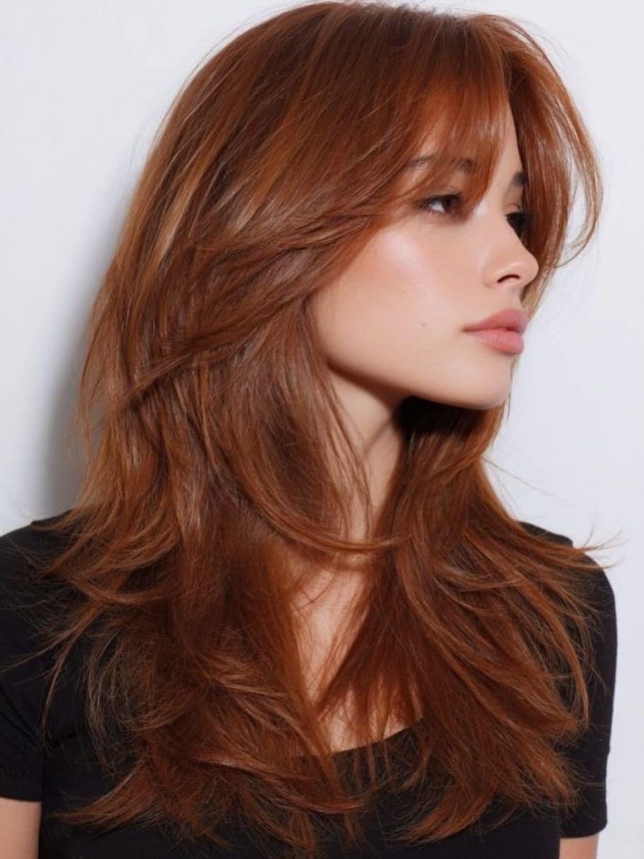 17. Rounded Medium Layers with Chestnut Brown Curtain Bangs - Medium Haircuts With Bangs