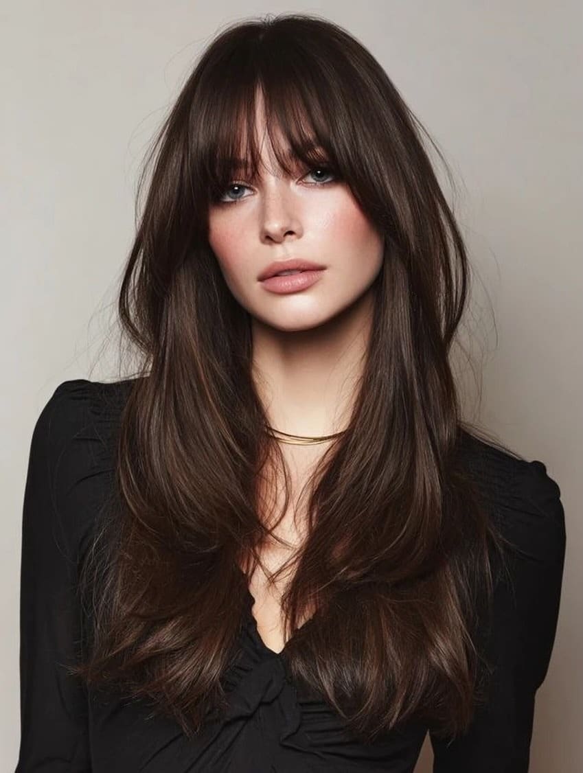 19. Glossy Medium Layers with Dark Mocha Curtain Bangs - Medium Haircuts With Bangs