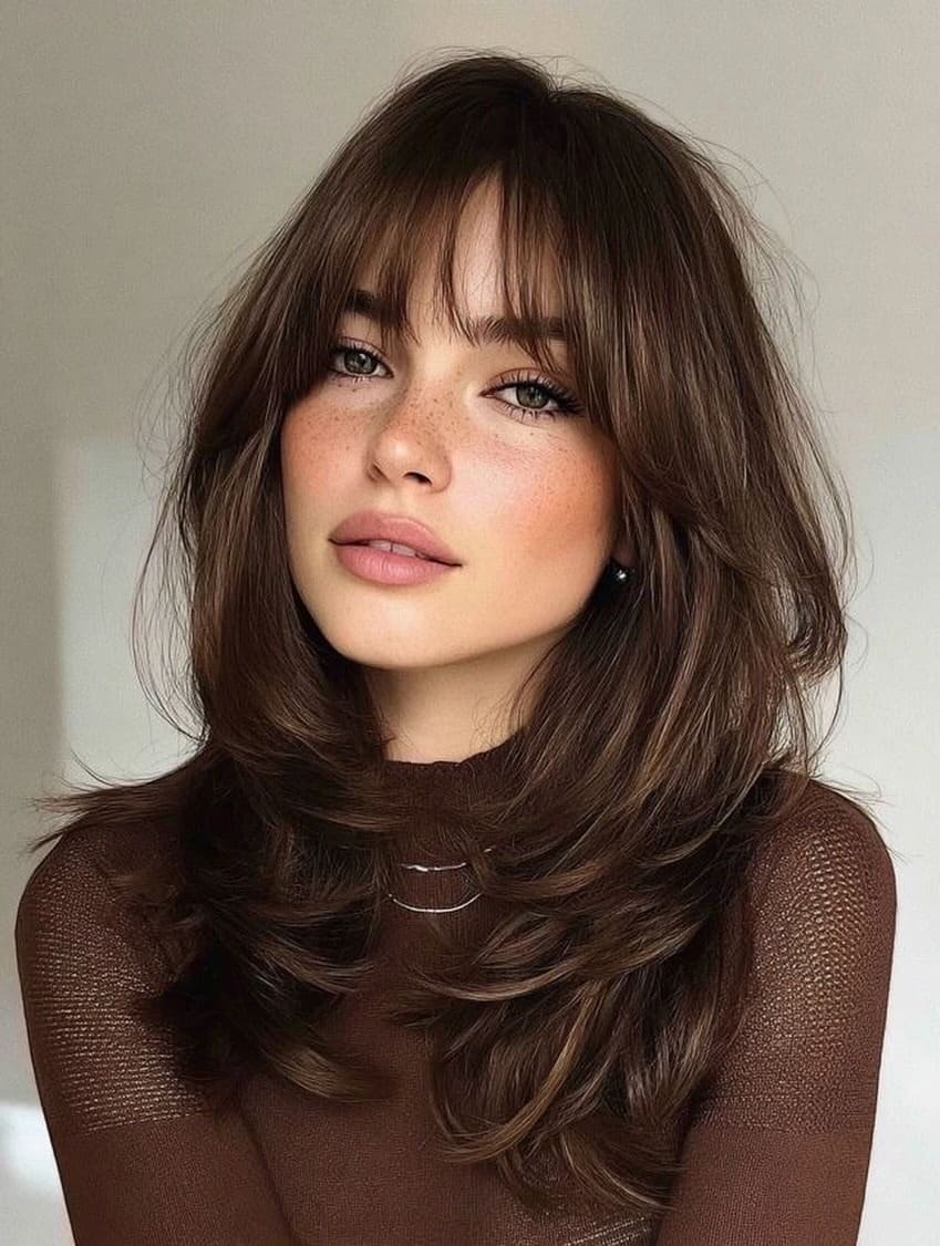 20. Voluminous Medium Layers with Warm Brunette Wispy Bangs - Medium Haircuts With Bangs