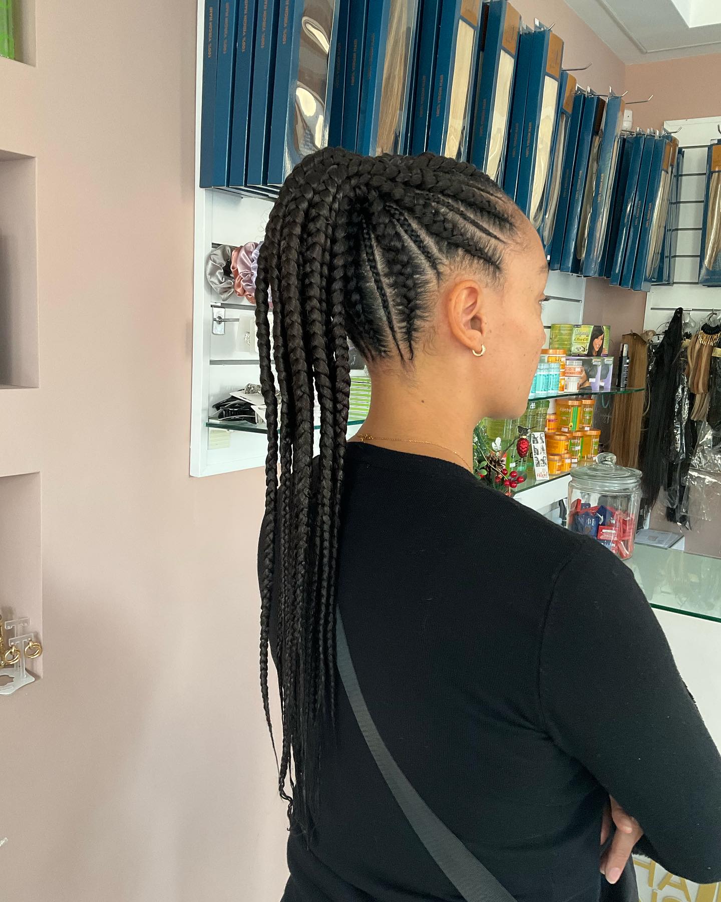 8. High Cornrow Ponytail with Black Braids - Cornrow Hairstyles