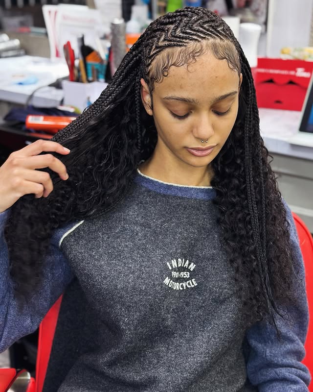 13. Zigzag Cornrows with Curly Braided Length in Jet Black - Cornrow Hairstyles