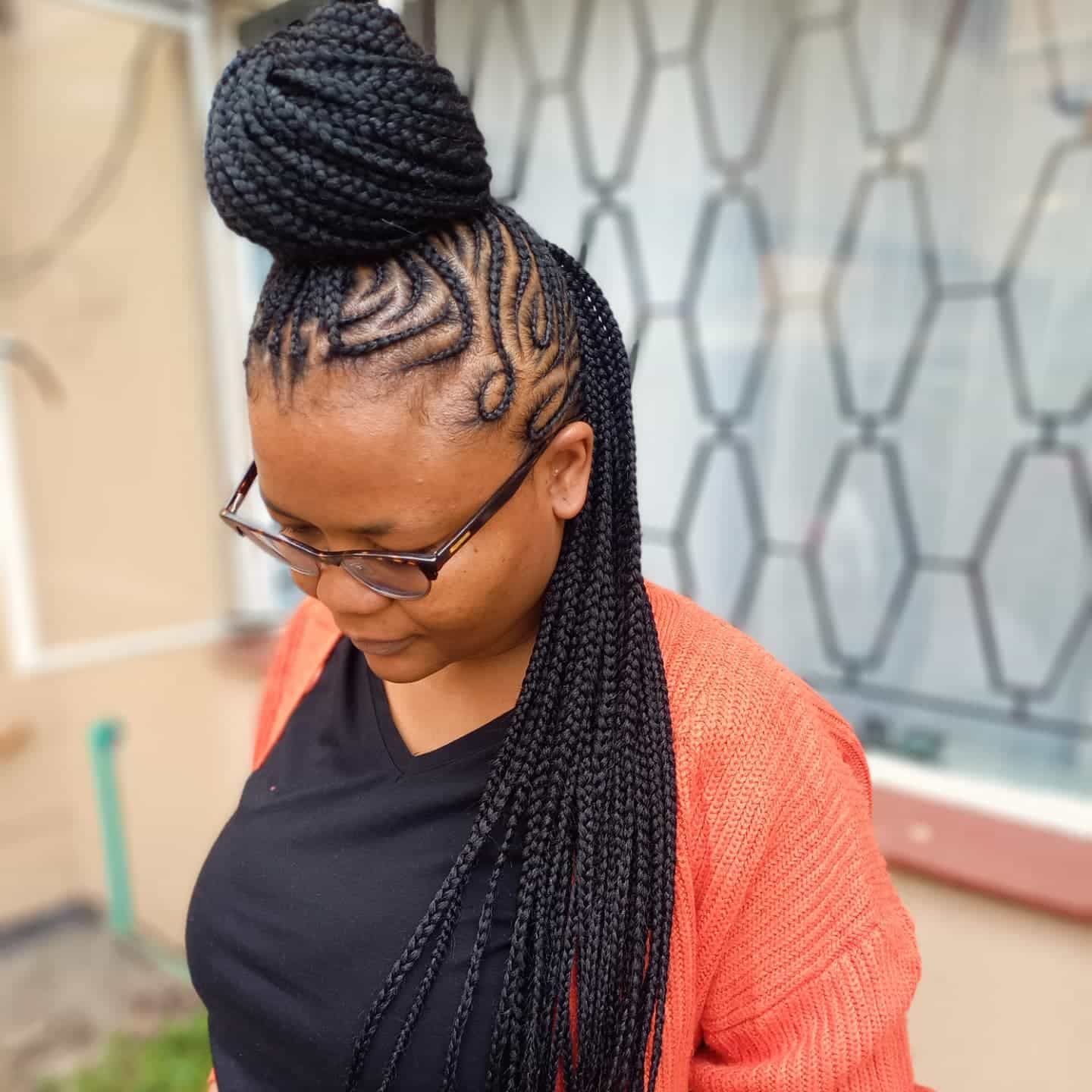 17. Cornrow Updo with Braided Bun and Long Micro Braids in Black - Cornrow Hairstyles