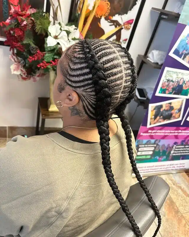 20. Intricate Cornrow Pattern with Double Braided Length in Jet Black - Cornrow Hairstyles