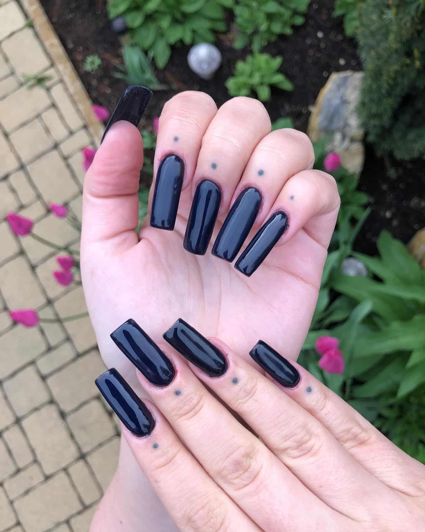 4. Classic Long Black Coffin Nails - long black nail ideas