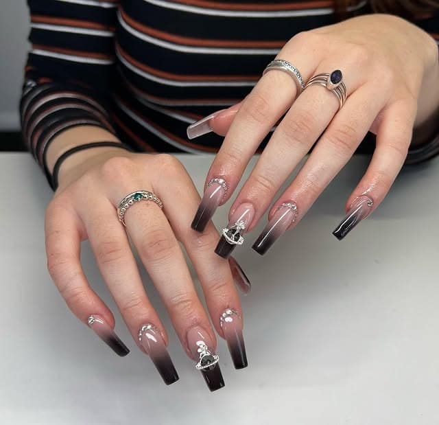 8. Black Ombre French Nails with Rhinestones - long black nail ideas