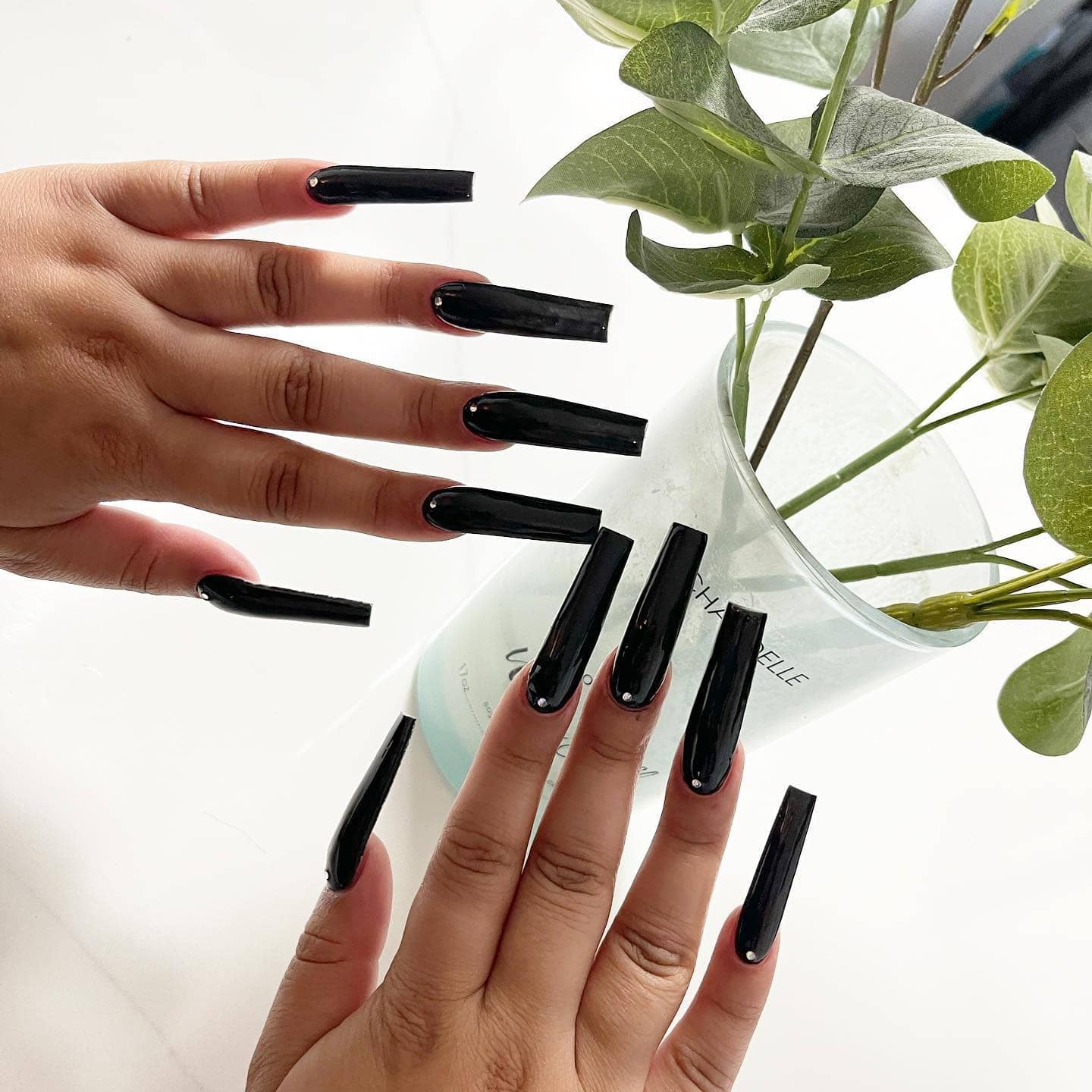 15. Classic Long Black Square Nails - long black nail ideas