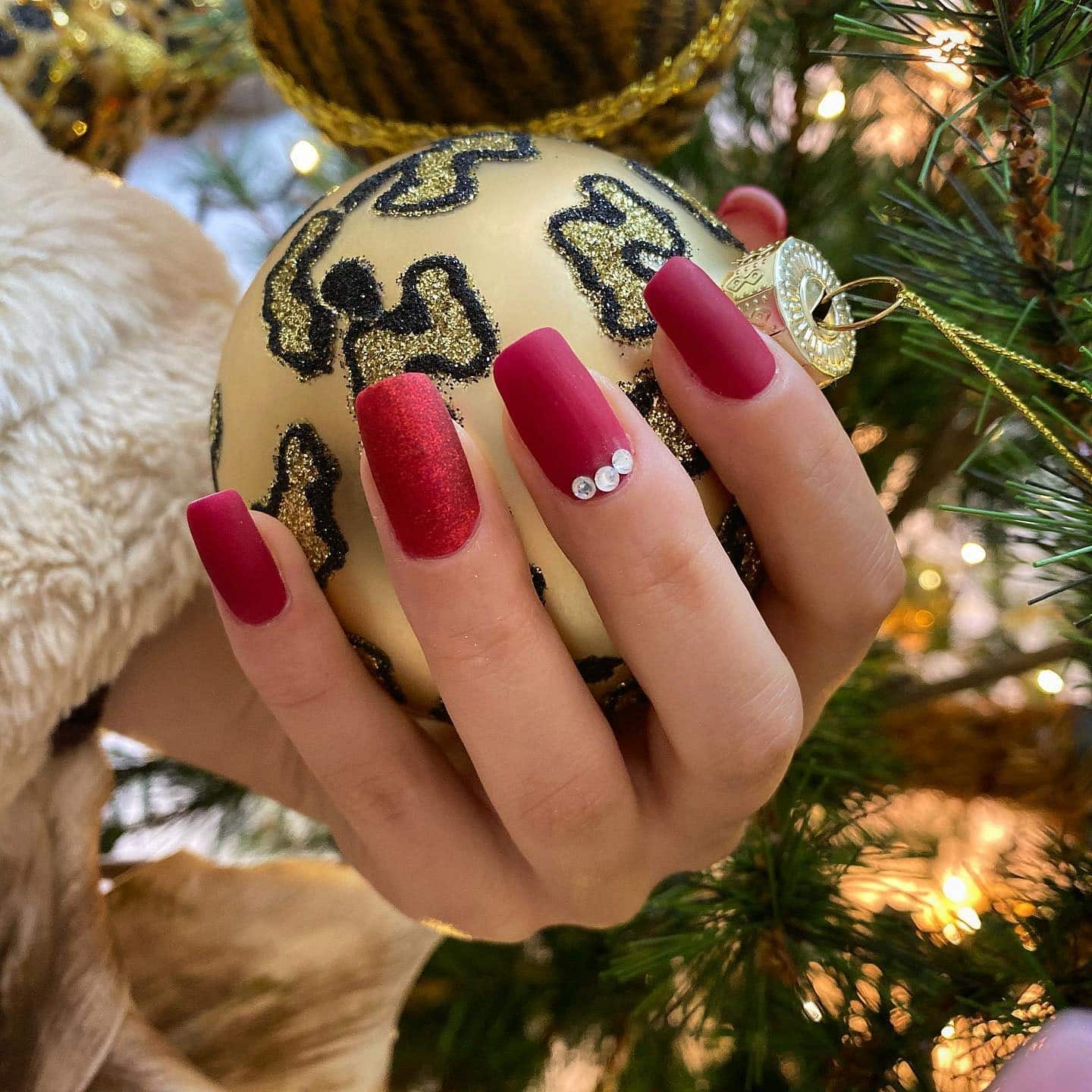 2. Matte Red Square Nails with Rhinestone Accent - matte red nail ideas