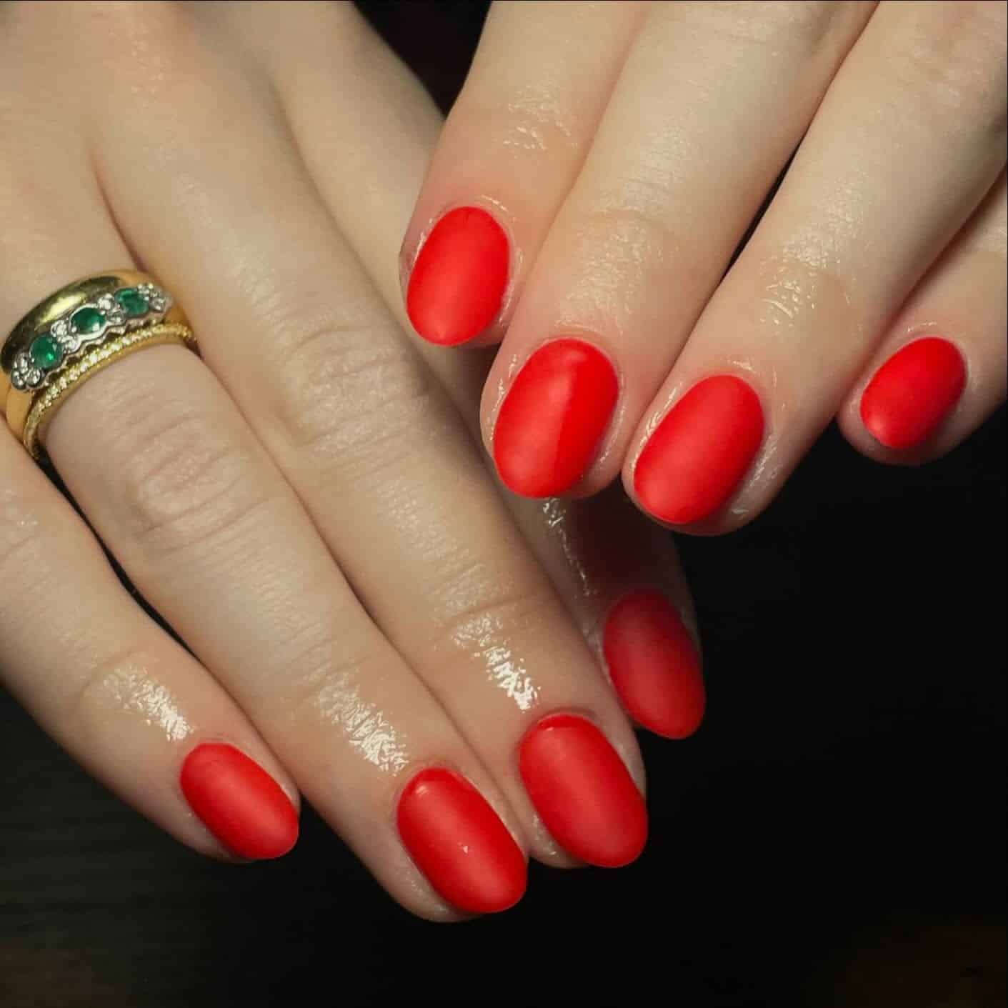 3. Soft Matte Scarlet Oval Nails - matte red nail ideas