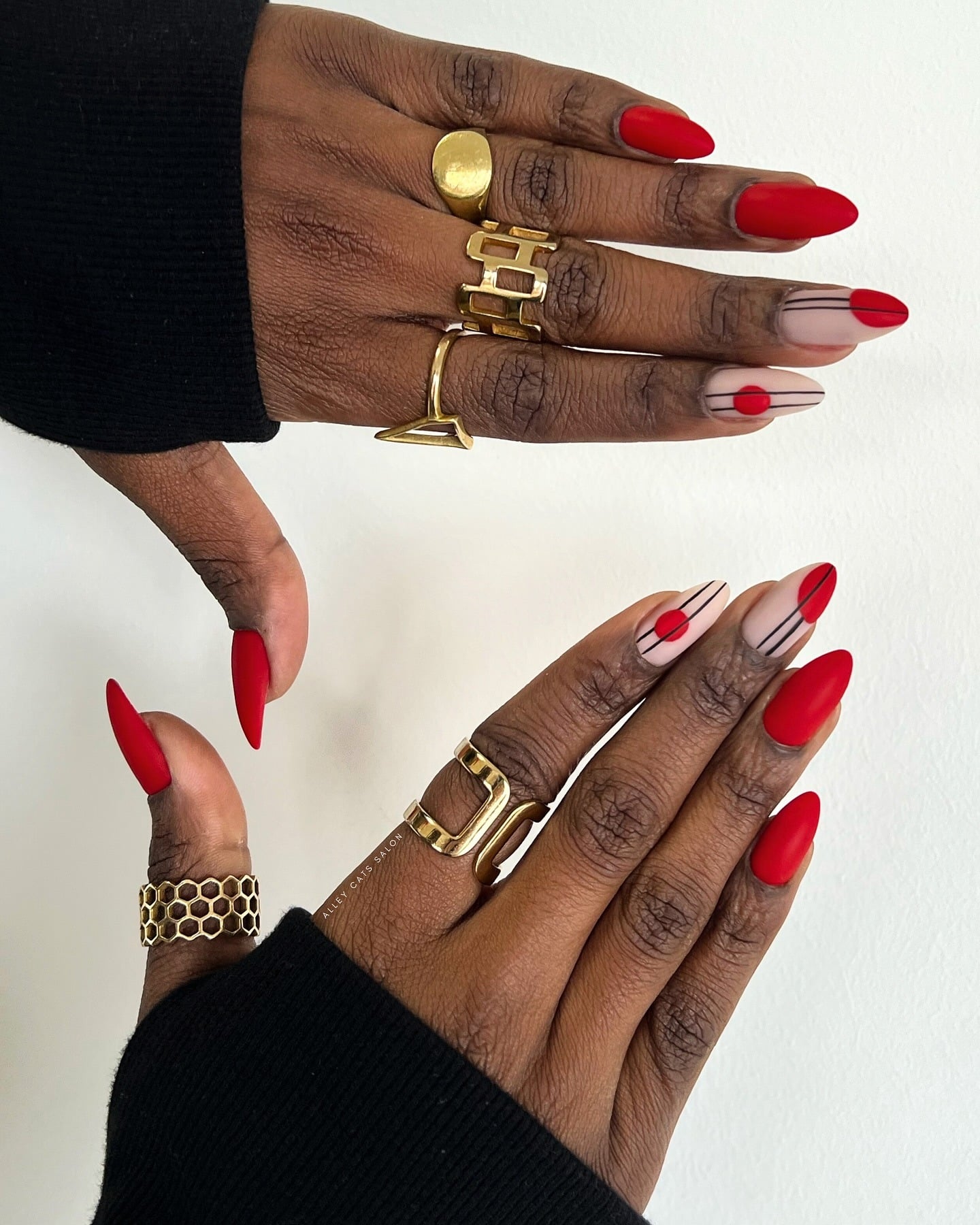 5. Matte Red Almond Nails with Minimalist Line Art - matte red nail ideas