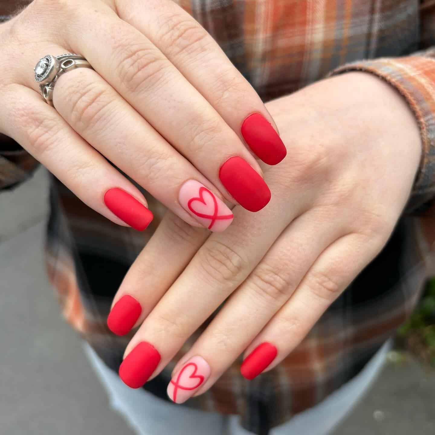6. Matte Red Square Nails with Heart Accent - matte red nail ideas