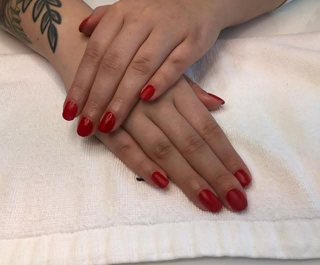 12. Short Glossy Cherry Red Round Nails - matte red nail ideas