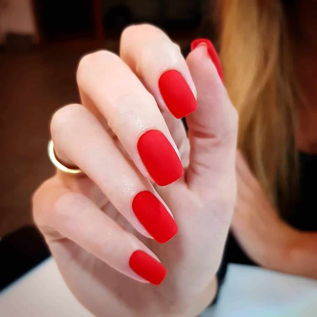 15. Matte Red Coffin Nails - matte red nail ideas