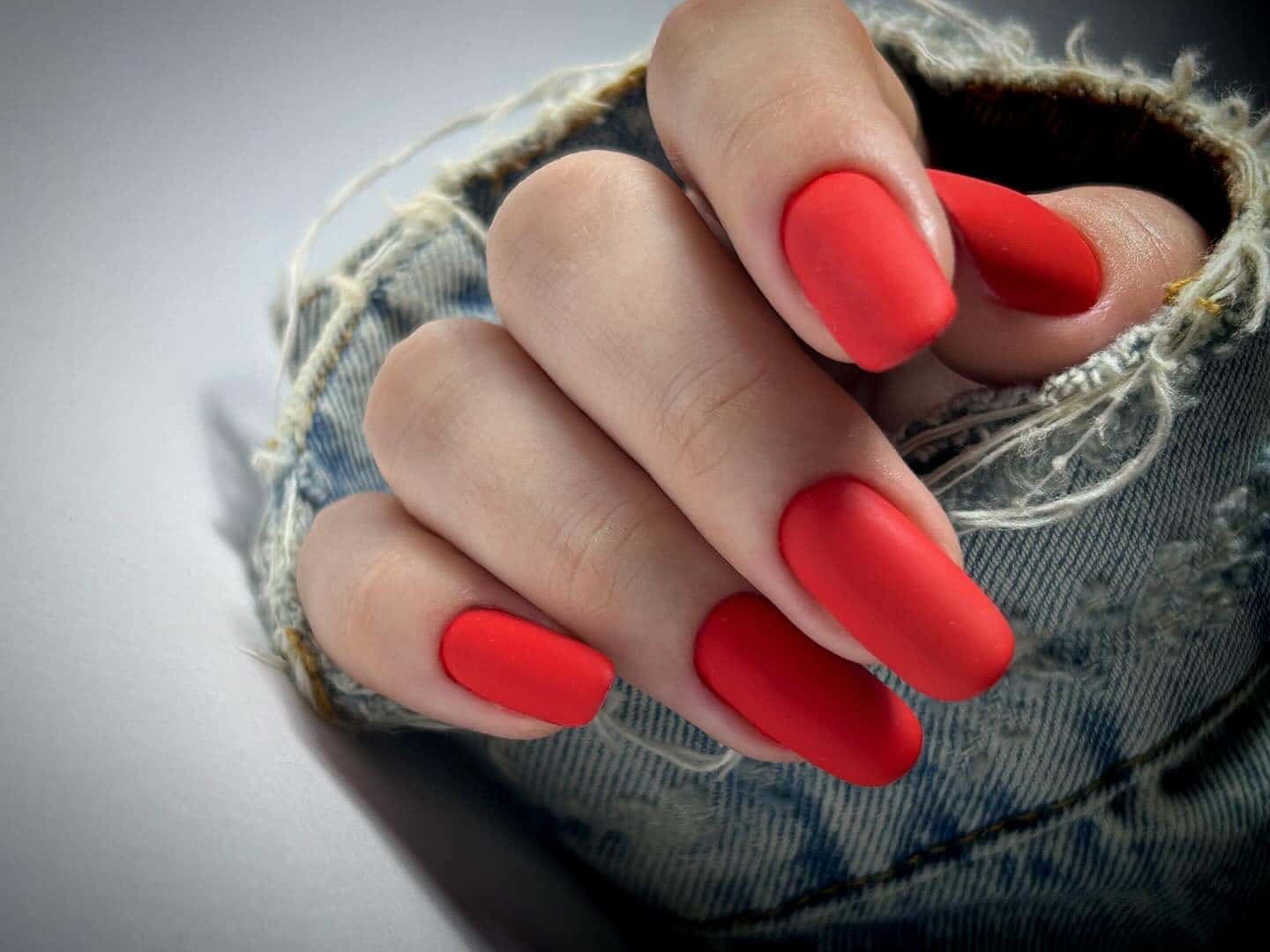 16. Matte Coral Red Square Nails - matte red nail ideas