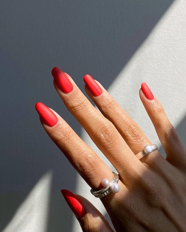 22. Matte Scarlet Almond Nails - matte red nail ideas