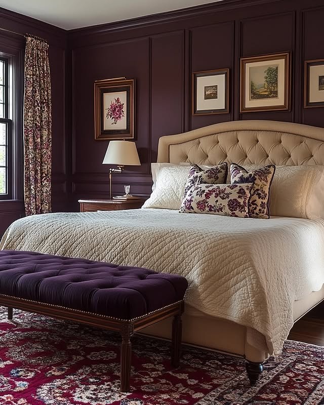 1. Deep Burgundy Panel Bedroom with Classic Upholstered Bed - moody bedroom ideas