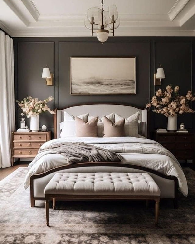 4. Charcoal Paneled Bedroom with Soft Neutral Bedding - moody bedroom ideas