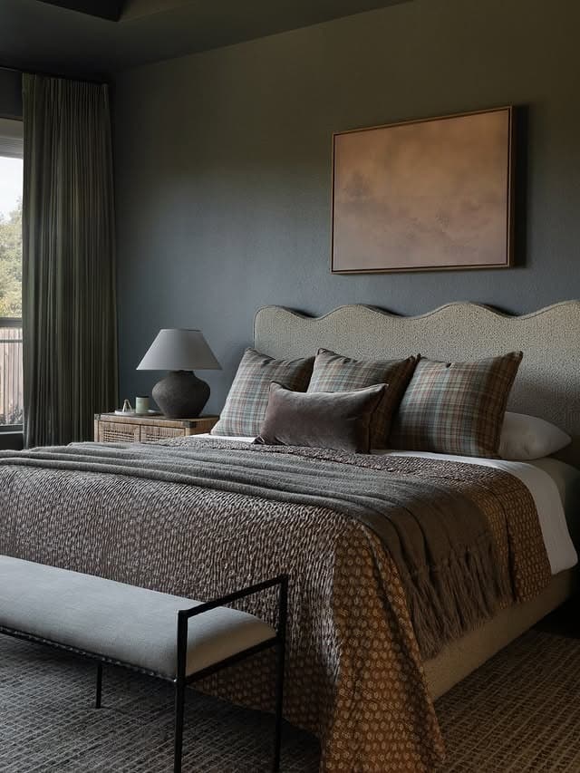 7. Muted Green Bedroom with Layered Natural Textures - moody bedroom ideas