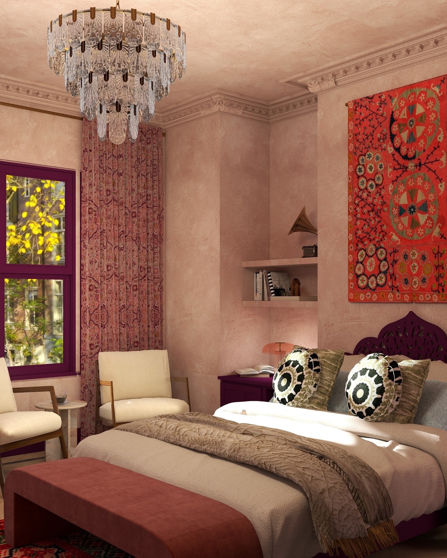 8. Blush and Plum Bedroom with Decorative Textile Accents - moody bedroom ideas