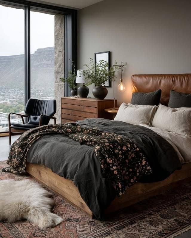 9. Modern Rustic Bedroom with Leather Headboard and Mountain View - moody bedroom ideas
