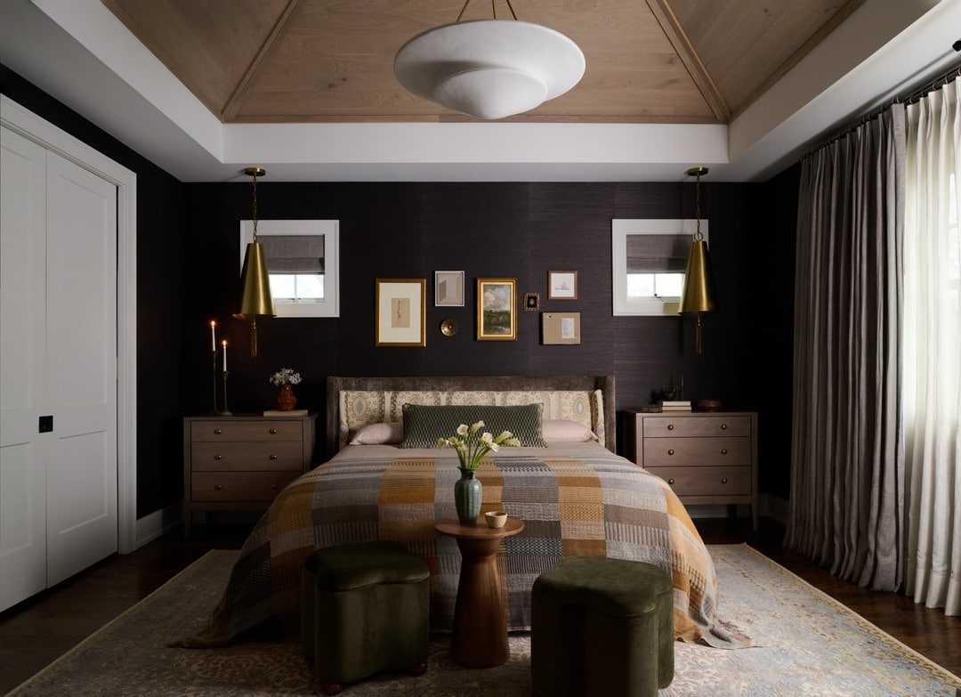 12. Chocolate Brown Bedroom with Wood Tray Ceiling and Brass Lighting - moody bedroom ideas