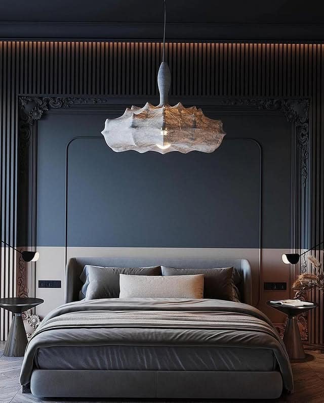 13. Contemporary Charcoal Bedroom with Sculptural Pendant Lighting - moody bedroom ideas