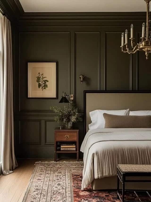17. Classic Dark Green Paneled Bedroom with Traditional Details - moody bedroom ideas