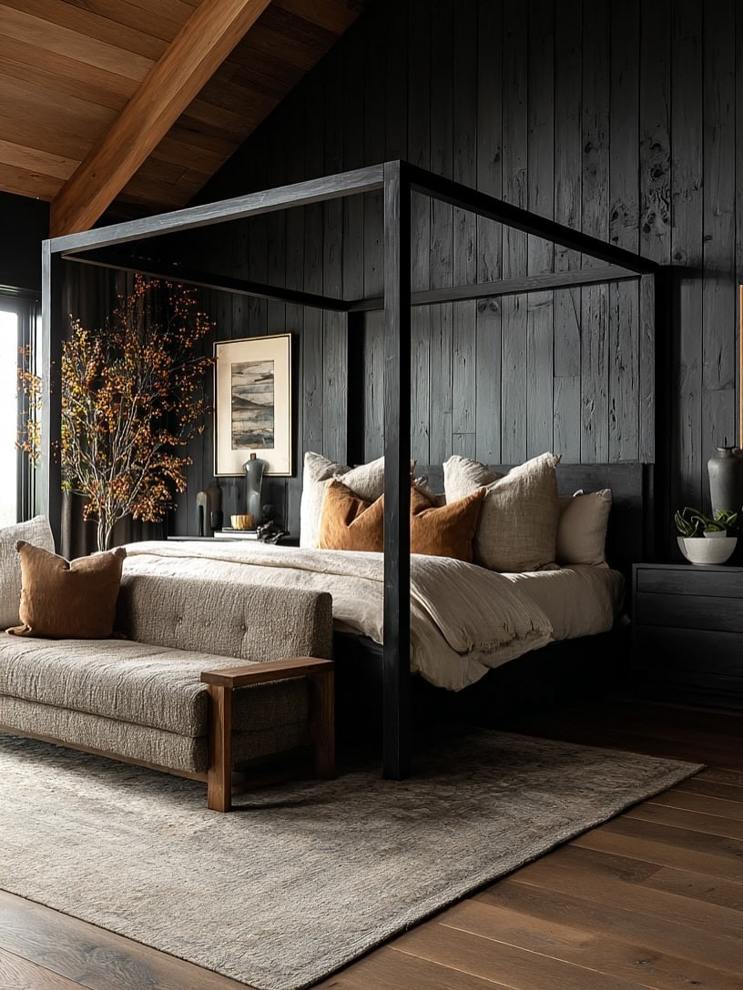 18. Black Wood Cabin Bedroom with Dramatic Four Poster Bed - moody bedroom ideas