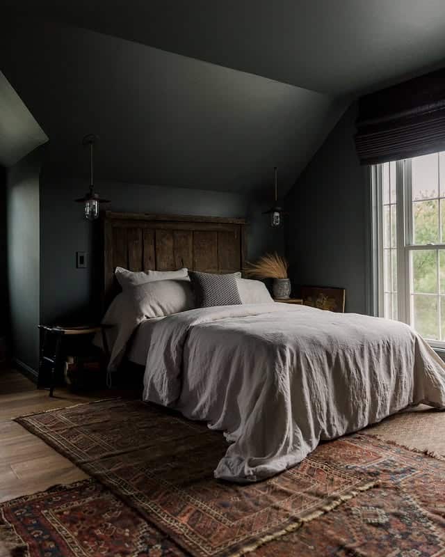19. Moody Attic Bedroom with Forest Green Walls and Rustic Textures - moody bedroom ideas