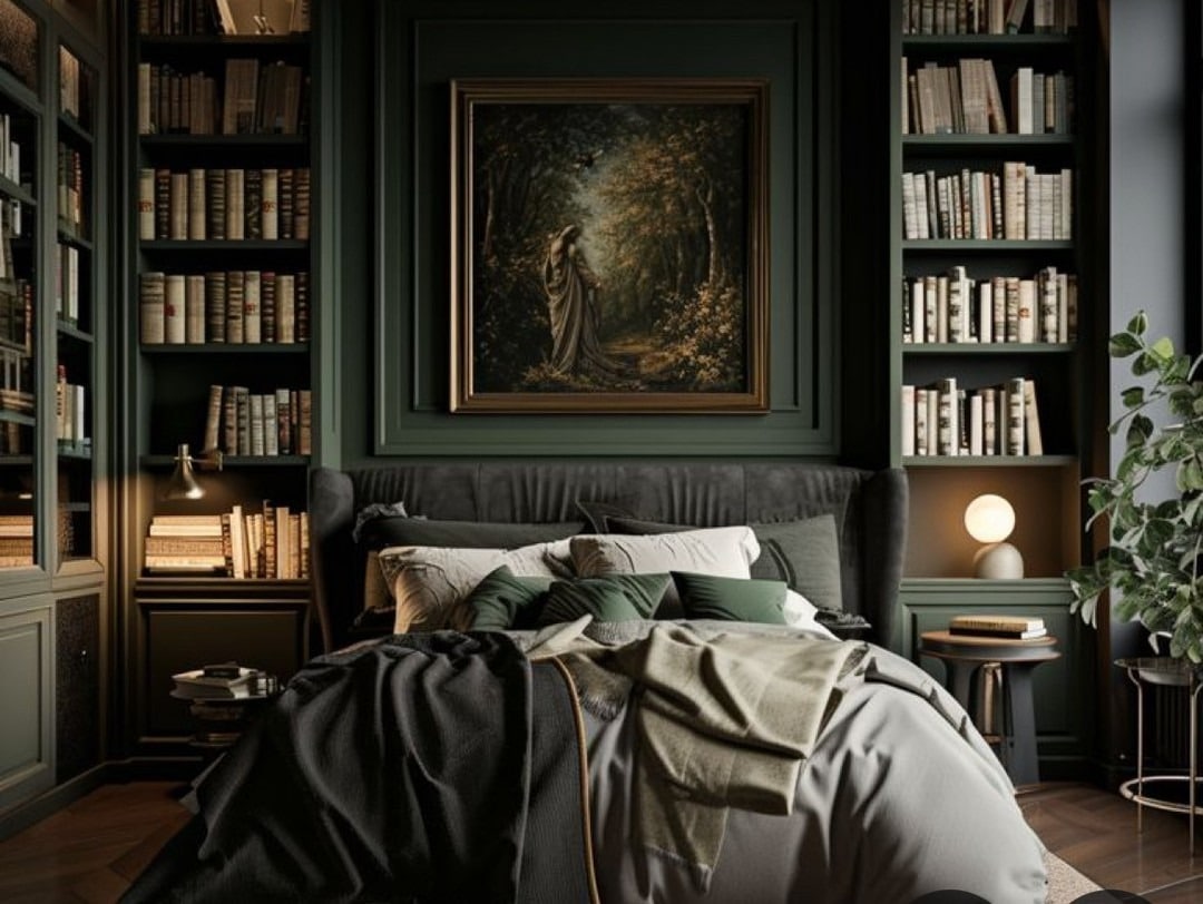 20. Library Style Dark Green Bedroom with Built In Bookshelves - moody bedroom ideas