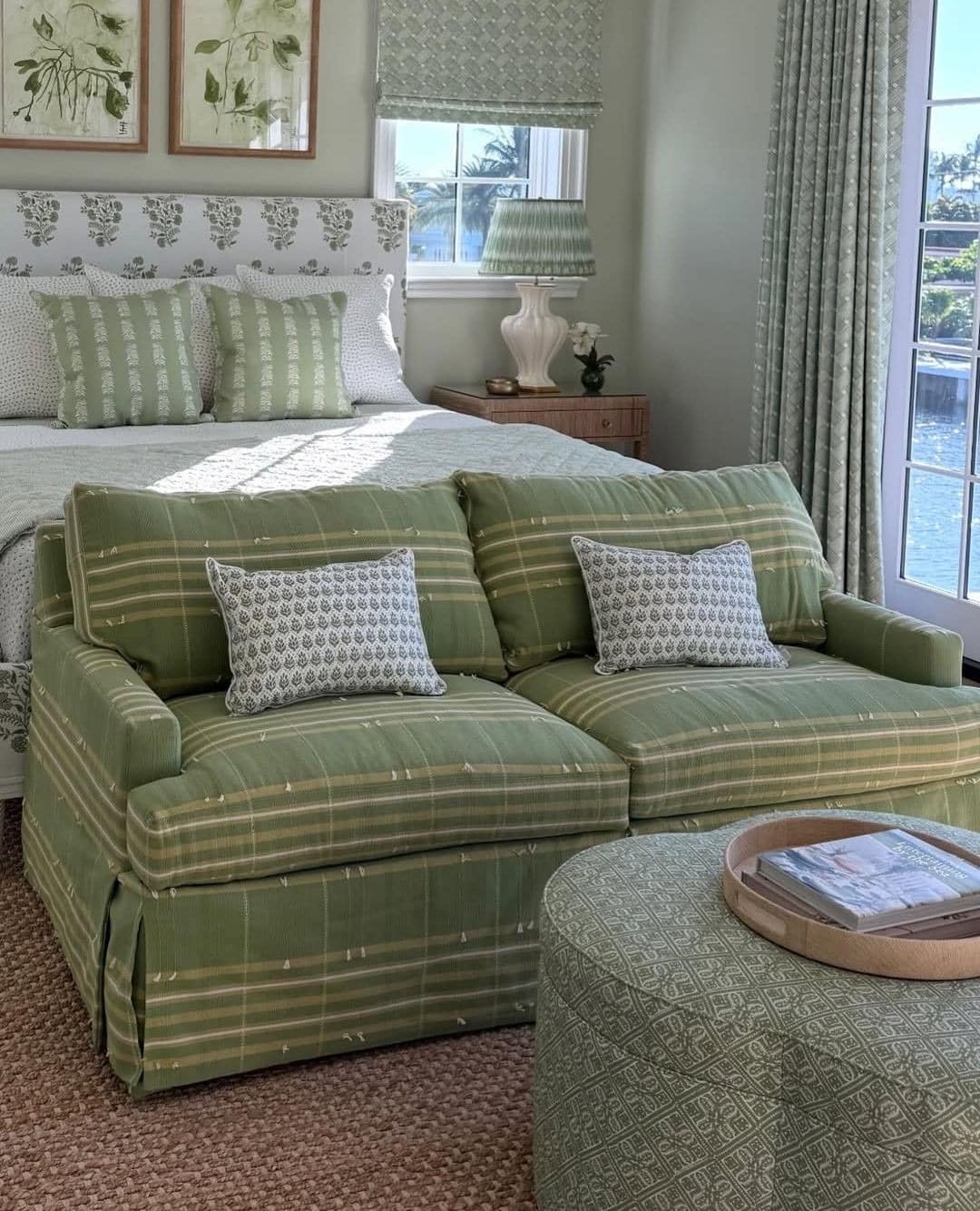 2. Sage Green Bedroom with Classic Patterned Textiles - serene bedroom ideas