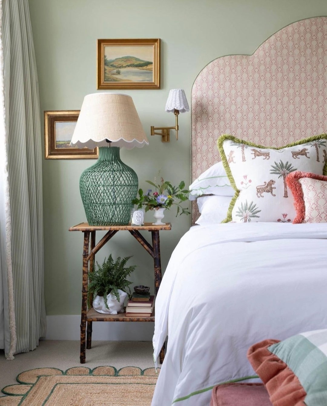 3. Vintage-Inspired Bedroom with Botanical Accents and Soft Green Walls - serene bedroom ideas