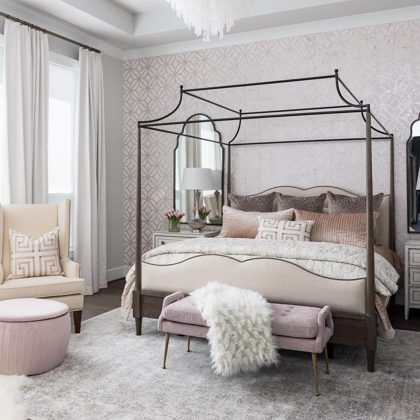 17. Blush Pink Bedroom with Elegant Canopy Bed - serene bedroom ideas