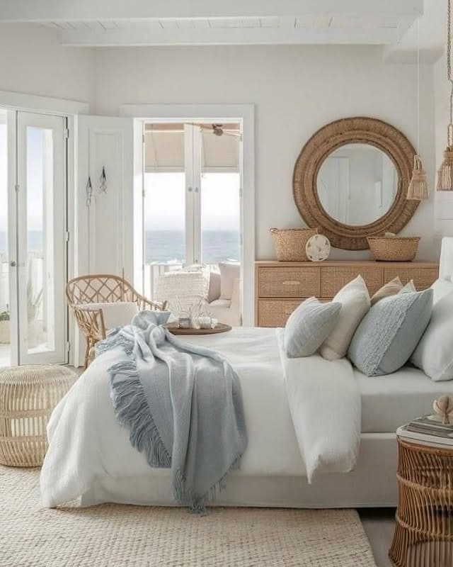 18. Coastal Inspired Bedroom with Natural Woven Furniture - serene bedroom ideas