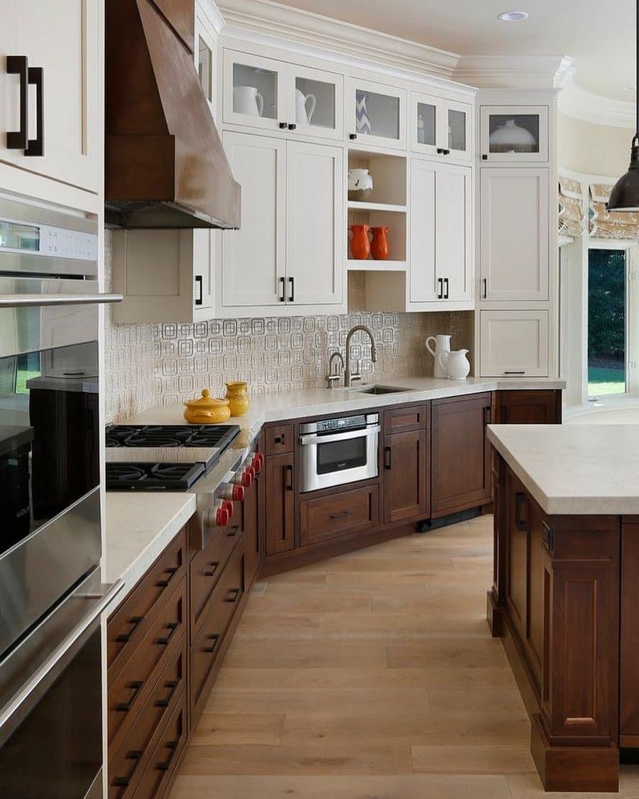 1. Two-Tone Brown and Cream Classic Kitchen - brown kitchen ideas