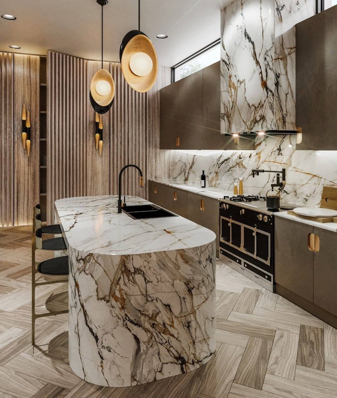 7. Sculptural Marble and Brown Contemporary Kitchen - brown kitchen ideas