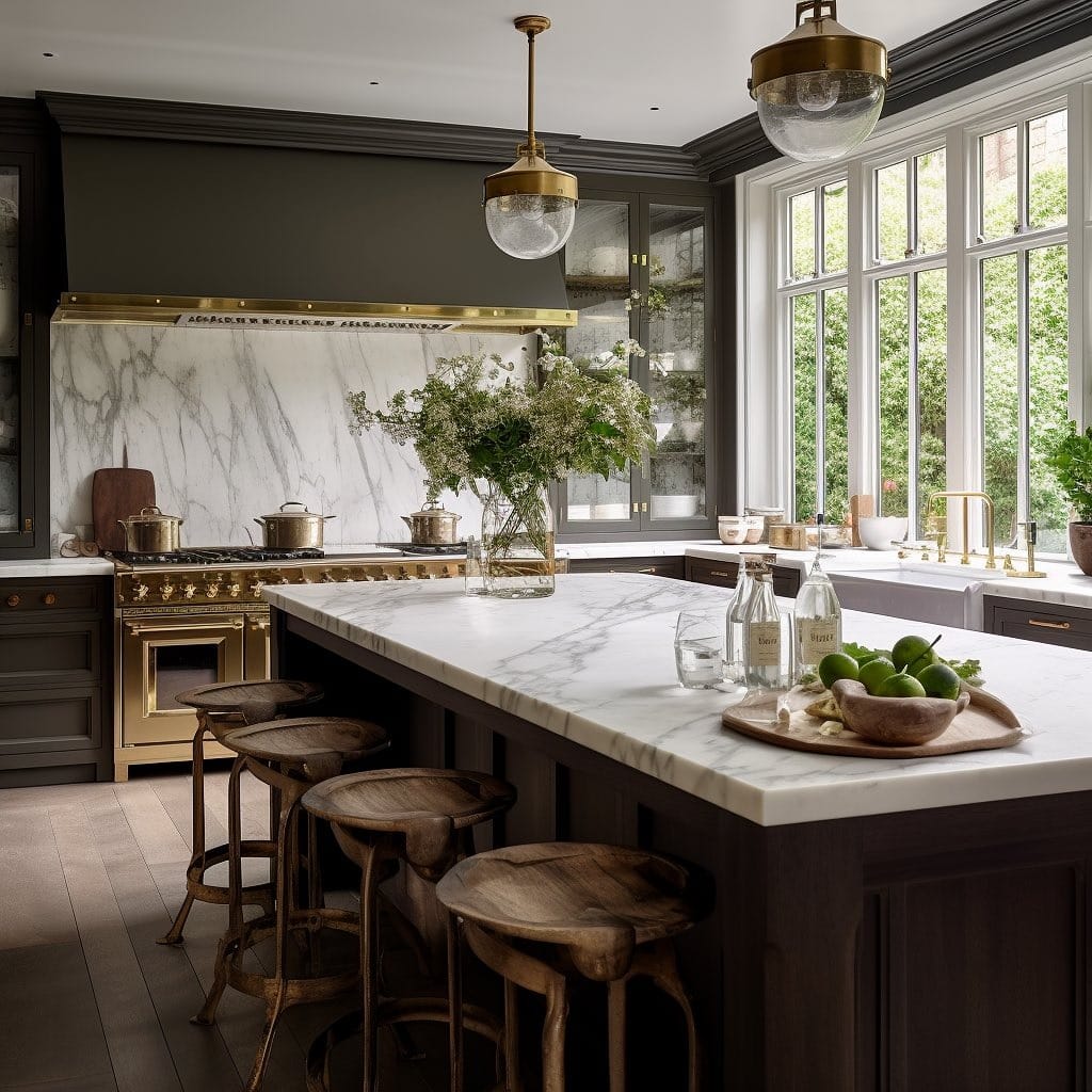 13. Classic Brown Kitchen with Marble and Brass Accents - brown kitchen ideas