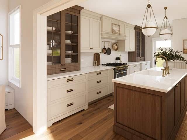 15. Cream and Brown Transitional Kitchen with Wood Island - brown kitchen ideas