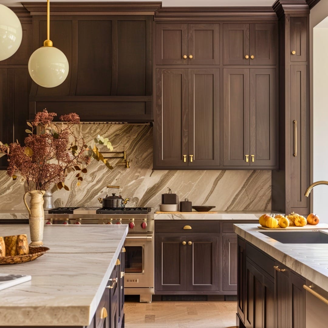 18. Traditional Brown Kitchen with Marble Backsplash - brown kitchen ideas