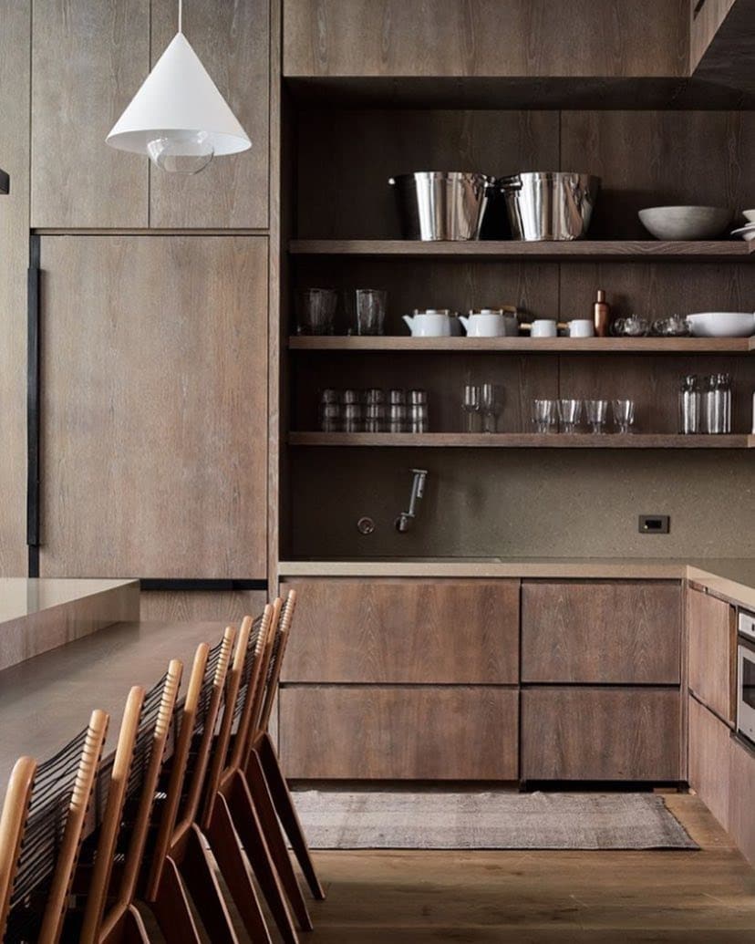22. Modern Light Walnut Kitchen with Open Shelving - brown kitchen ideas