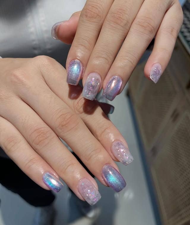 2. Iridescent Lavender Chrome Square Nails - minimalist nail ideas