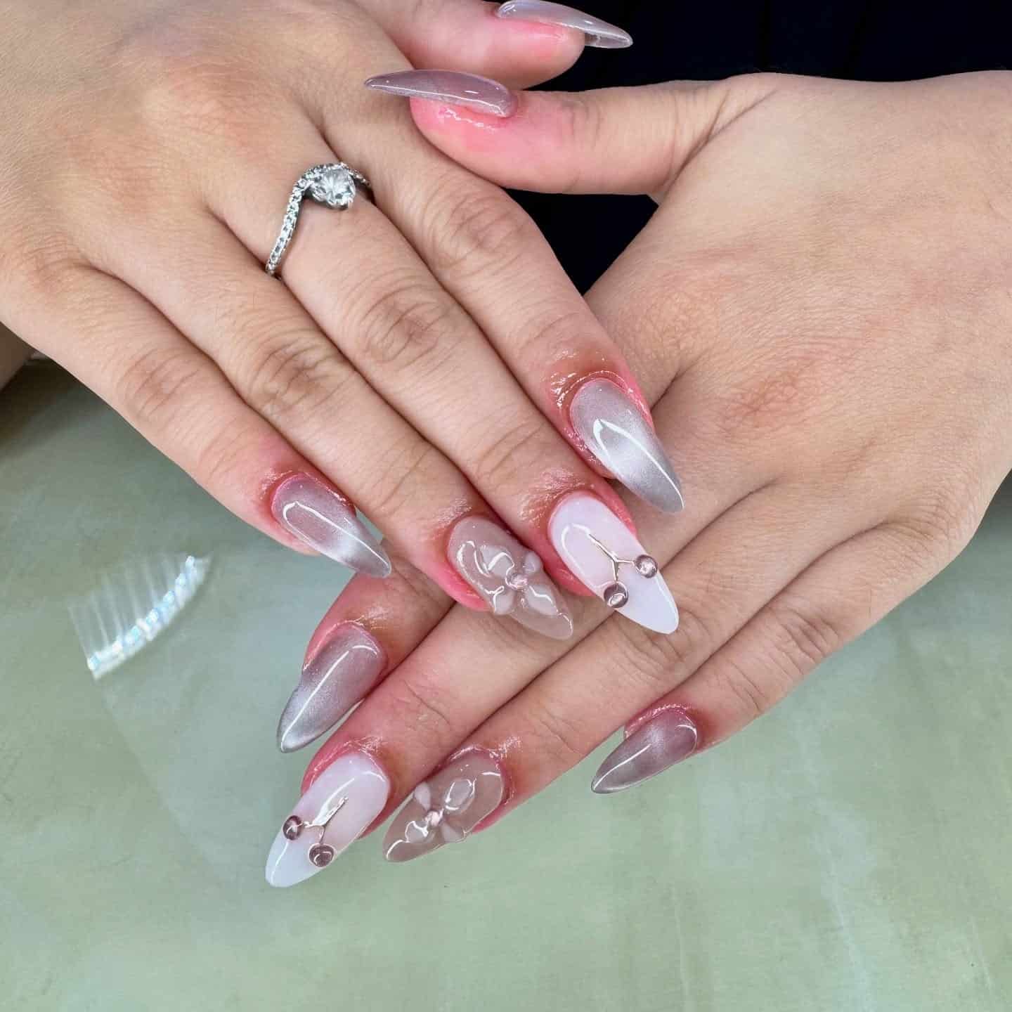 7. Smoky Grey Chrome Stiletto Nails with 3D Cherry Art - minimalist nail ideas