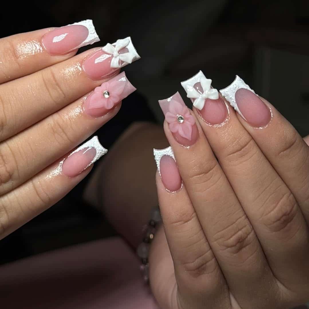 9. Matte Pink Square Nails with 3D Bow and Floral Embellishments - minimalist nail ideas